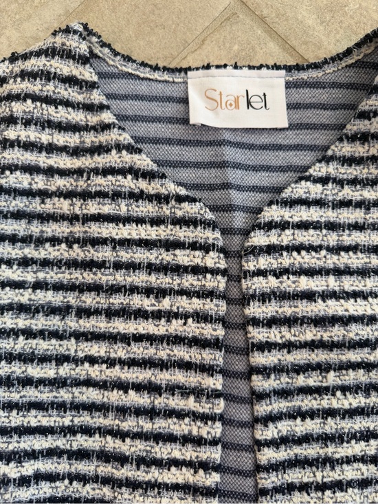 Starlet Tops - Starlet Navy Blue White Bouclé Vest Metallic Thread Open Front Sleeveless Blazer